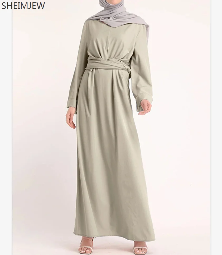 Abaya-Robe longue de style musulman pour femmes, vêtement rétro, couleur unie, à lacets, taille haute, pleine longueur, pour service de culte, nouvelle collection printemps été Abaya-Robe longue de style musulman pour femmes, vêtement rétro, couleur unie, à lacets, taille haute, pleine longueur, pour service de culte, nouvelle collection printemps été