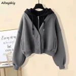 Vestes à capuche pour femmes, faux deux pièces, motifs de mode, manteaux en velours, Style Cargo, Streetwear, automne hiver, plus épais, Chic pour filles