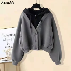 Vestes à capuche pour femmes, faux deux pièces, motifs de mode, manteaux en velours, Style Cargo, Streetwear, automne hiver, plus épais, Chic pour filles