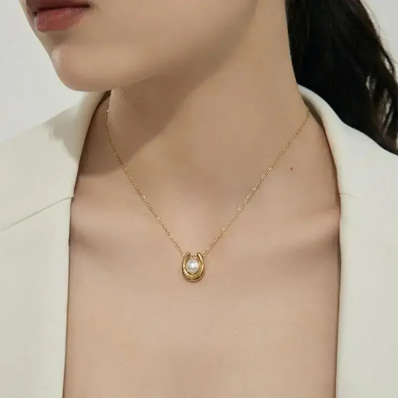 Collier et boucles d'oreilles avec pendentif en perles pour femmes, en acier inoxydable, nouveau charme en forme de U, ras de cou pour soirée de mariée, ne se décolore pas, bijoux cadeau