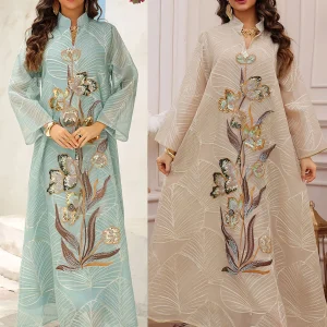 Abaya musulman de luxe inspiré de la Dubaï, broderie de fleurs à paillettes exquises sur motif de feuilles, idéale pour les événements sociaux du moyen-orient Abaya musulman de luxe inspiré de la Dubaï, broderie de fleurs à paillettes exquises sur motif de feuilles, idéale pour les événements sociaux du moyen-orient