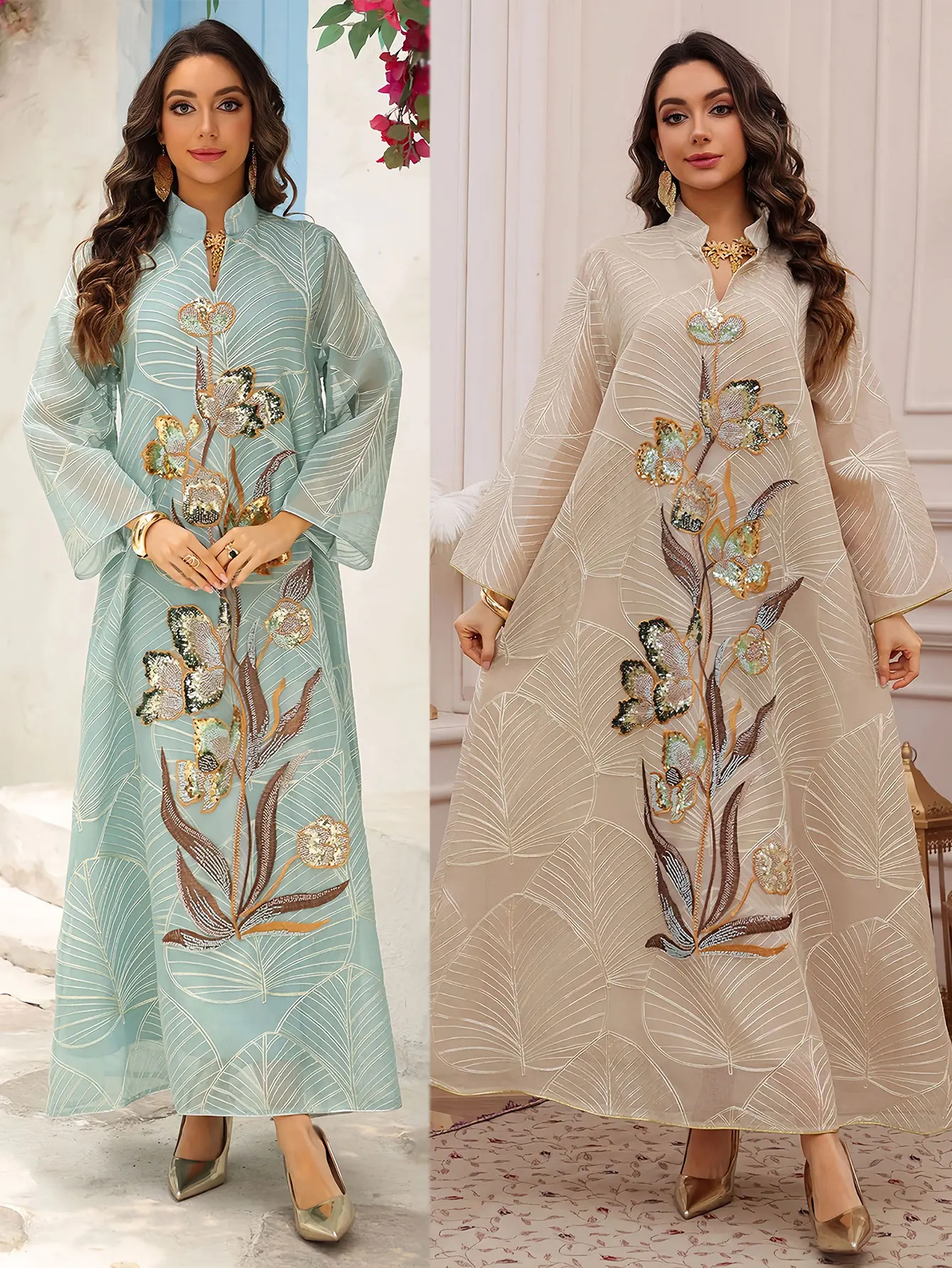 Abaya musulman de luxe inspiré de la Dubaï, broderie de fleurs à paillettes exquises sur motif de feuilles, idéale pour les événements sociaux du moyen-orient Abaya musulman de luxe inspiré de la Dubaï, broderie de fleurs à paillettes exquises sur motif de feuilles, idéale pour les événements sociaux du moyen-orient