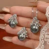 Bijoux élégants en perles grises, collier et boucles d&rsquo;oreilles au Design de feuilles avec Zircon CZ scintillant, accessoires de mode pour femmes, usage quotidien de fête