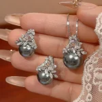 Bijoux élégants en perles grises, collier et boucles d&rsquo;oreilles au Design de feuilles avec Zircon CZ scintillant, accessoires de mode pour femmes, usage quotidien de fête