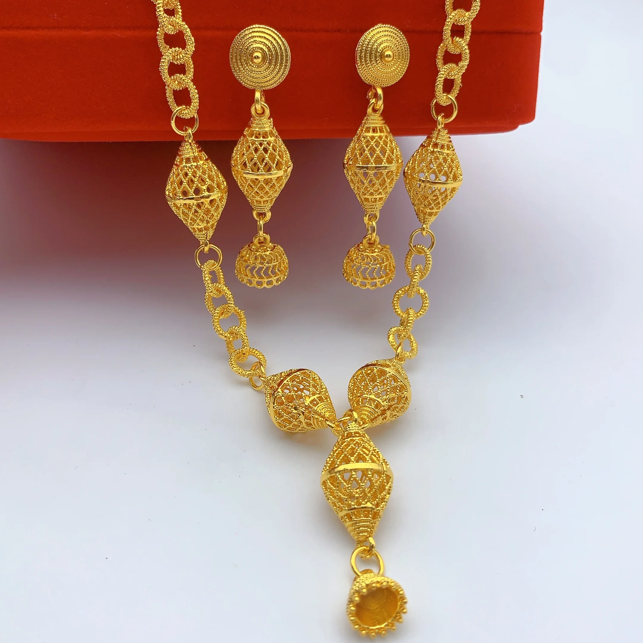 ensemble de bijoux brésiliens plaqués or 24 carats pour femmes, long collier, boucles d'oreilles, bijoux de mariée africaine nigériane de dubaï