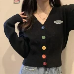 Cardigan pour femmes à manches longues tricoté chandails pull recadrée Crochet Kawaii col en V Cardigans femme hauts noirs mignon 2025 tendance
