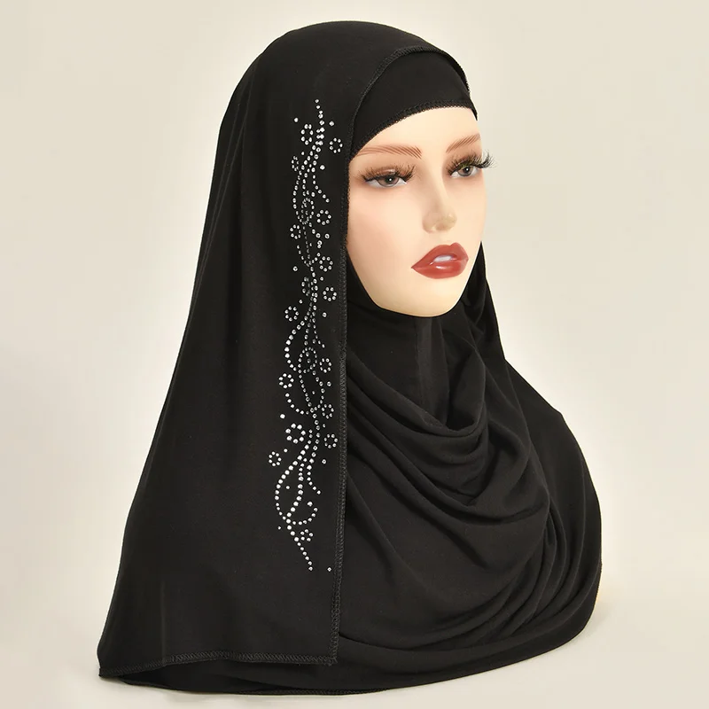hijab instantané en jersey de coton de qualité supérieure avec strass double boucle foulard musulman foulard islamique écharpe tube turban