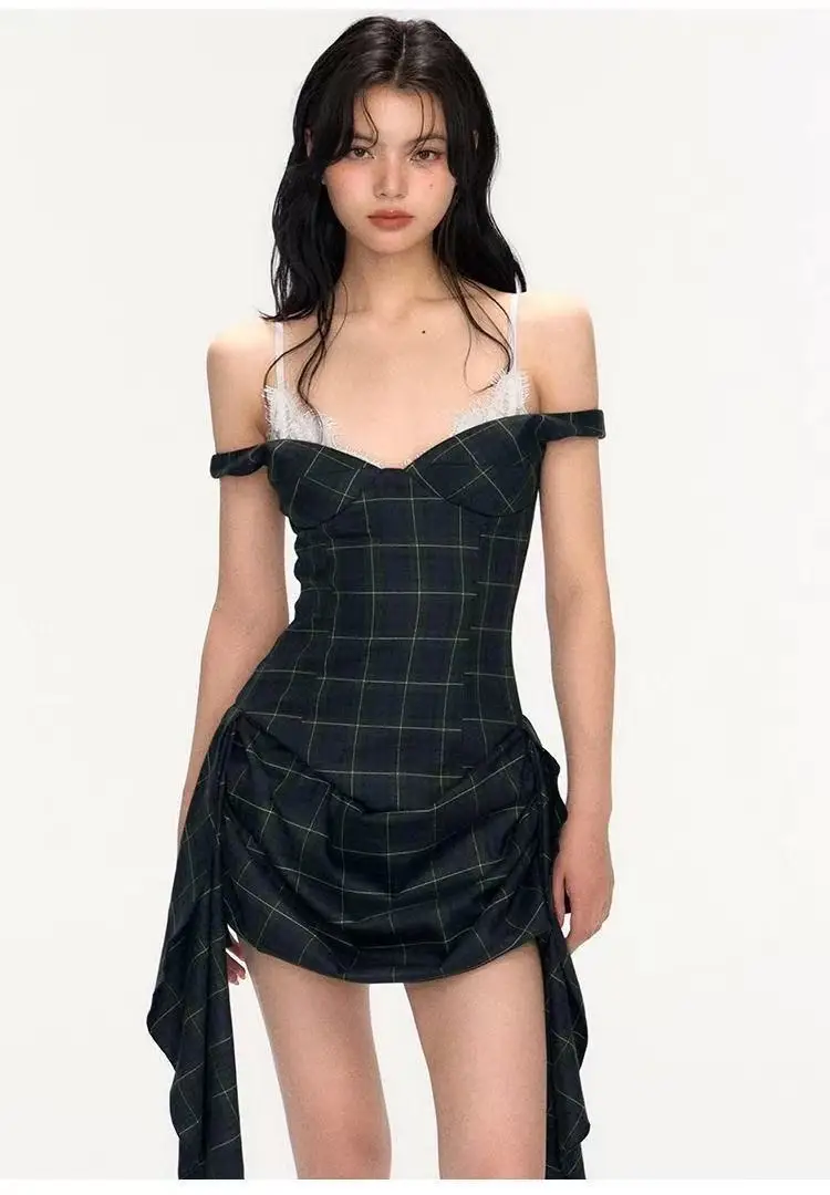 Robe à carreaux deux pièces pour femme - Mini robe froncée avec corset vintage Y2K avec bordure en dentelle