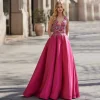 Robe de soirée exquise personnalisée, col en v, ligne a, longueur au sol, robe de bal Fuchsia, avec des Appliques en Satin avec poche