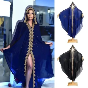 Abaya nouvelle mode américaine européenne femmes noir bleu ample à capuche à manches longues longueur cheville brodé diamant clouté robe