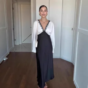 Nouvelle mode Satin femmes robe élégante décontracté contraste couleur dentelle Patchwork à manches longues col en V femmes robe