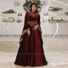 Élégant bordeaux marocain caftan robe de soirée une ligne perle haute callor musulman robe formelle velours dubaï dentelle célébrité robe de soirée
