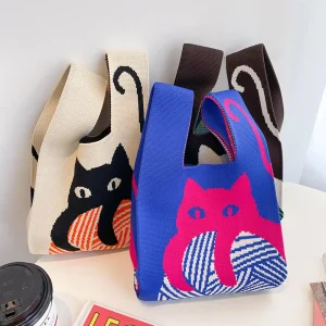 Sac à main tricoté à la main pour femmes, mini sac de poignet à nœud, sac fourre-tout à carreaux à large rayure, sac à provisions réutilisable pour étudiants Sac à main tricoté à la main pour femmes, mini sac de poignet à nœud, sac fourre-tout à carreaux à large rayure, sac à provisions réutilisable pour étudiants