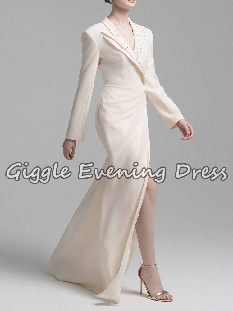 robe de soirée élégante en crêpe à manches longues pour femmes, drapée à revers perlé, robe maxi formelle, dubaï abaya, robe d'invitées de mariage personnalisée