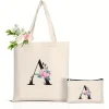 sac fourre tout élégant avec alphabet floral pour femmes, sac à main spacieux pour les déplacements, sacs à main à usage quotidien, cadeau, sac de courses réutilisable et écologique