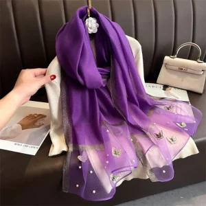 Grand Foulard Fin et Élégant avec Broderie Papillon, Châle Hijab de Luxe pour Femme
