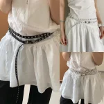 Rivet oeillet bricolage porter ceinture de taille en cuir PU Double cercle chaîne de taille nouée Extra longue ceinture mince Double couche trou ceinture