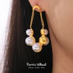 Boucles d&rsquo;Oreilles Rondes en Acier Inoxydable pour Femme, Pendentif Perle Vintage, Plaqué Or, Étanche, Cadeau Bijoux