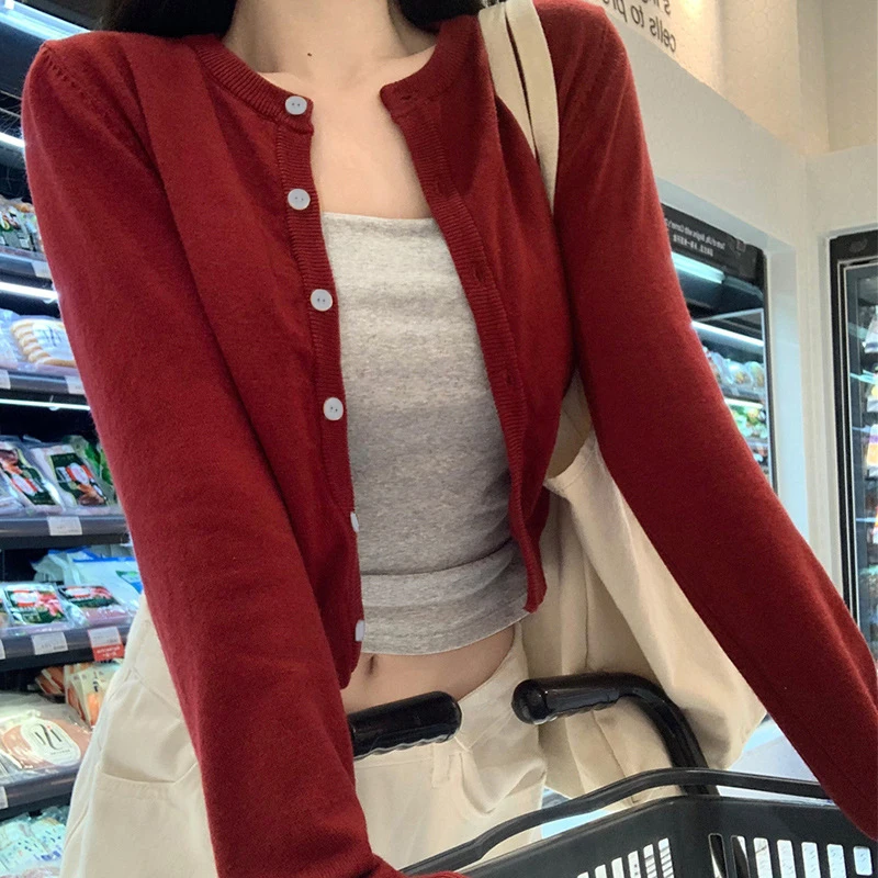 alobee – cardigan rouge en tricot pour femmes, vêtements d'extérieur, pull court, haut à manches longues, chemise à bascule, début d'automne, nouvelle collection 2024