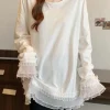 t shirt à manches longues épissé en dentelle pour femmes, chemise de base, style printemps automne, couvrant le ventre, cache la chair, haut mi long