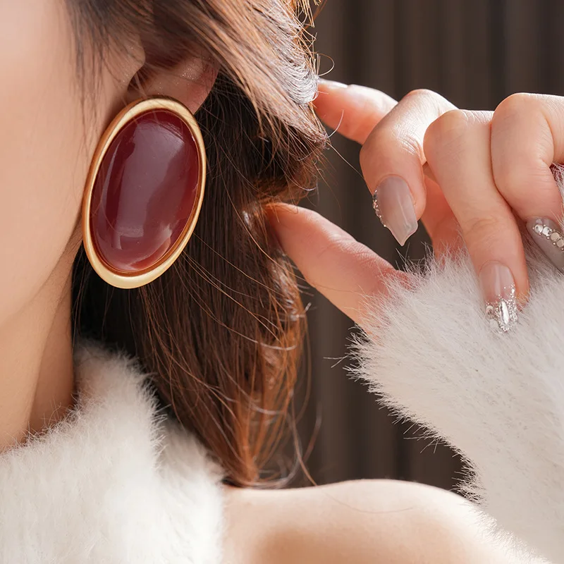 Boucles d'oreilles Vintage en résine rouge pour femmes, grandes boucles d'oreilles ovales géométriques de luxe, bijoux d'oreille de fête de mariage, vente en gros