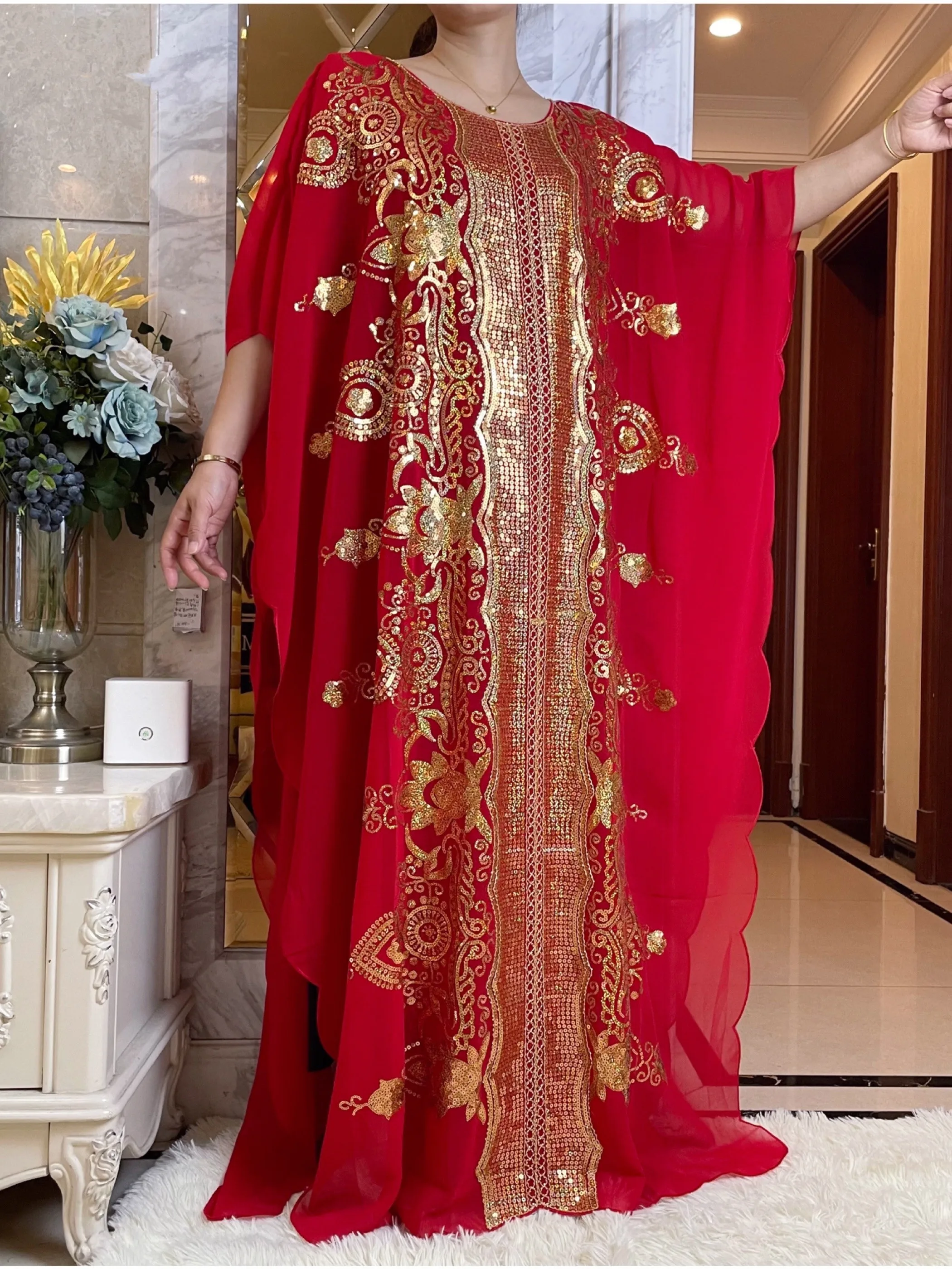2025 nouvelles femmes africaines Dashiki mode musulmane Abaya élégant en mousseline de soie manches chauve-souris paillettes Robe ample Robe élégante taille libre