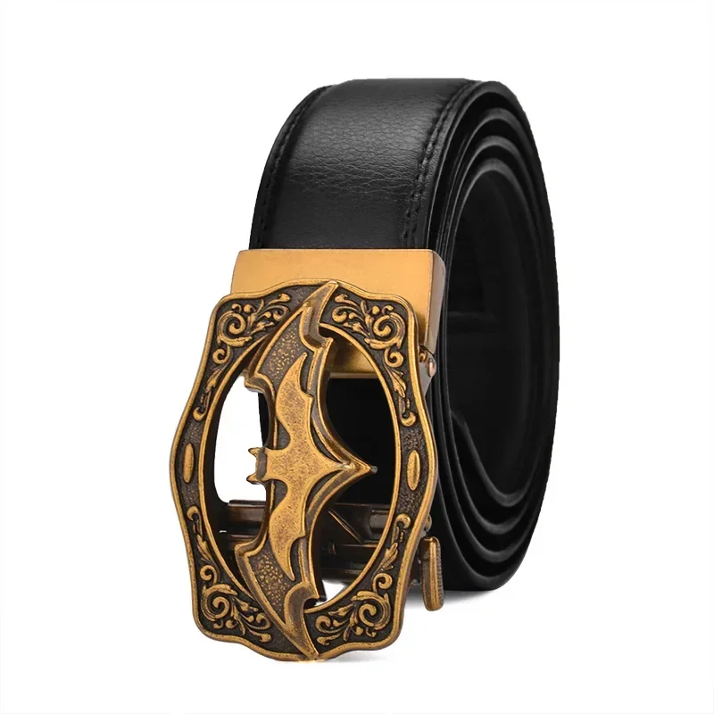 Ceinture à boucle automatique Vintage chauve-souris argent or pour hommes en cuir véritable grande taille grand 130 140 150 160 170cm marron noir ceintures 2024