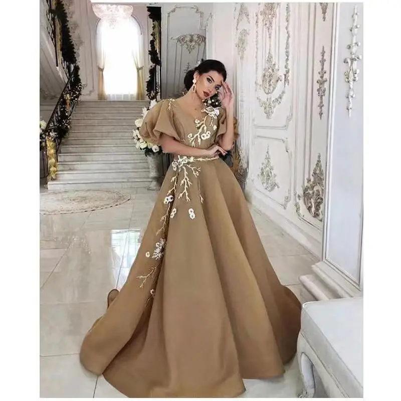 robe de soirée trapèze marron élégante, manches courtes, avec des appliques en tulle, longue robe de bal formelle, robes de gala, 2025