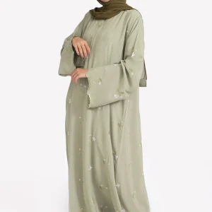 Abaya islamique musulman élégant pour femmes, broderie florale vert clair, poignets délicats, idéal pour les États-Unis, l&rsquo;Arabie Saoudite, le Qatar