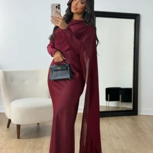 Abaya – Robe de soirée en Satin bordeaux pour femmes, modeste, Simple, offre spéciale, Robe de Cocktail avec Cape latérale, élégante, arabe, manches longues