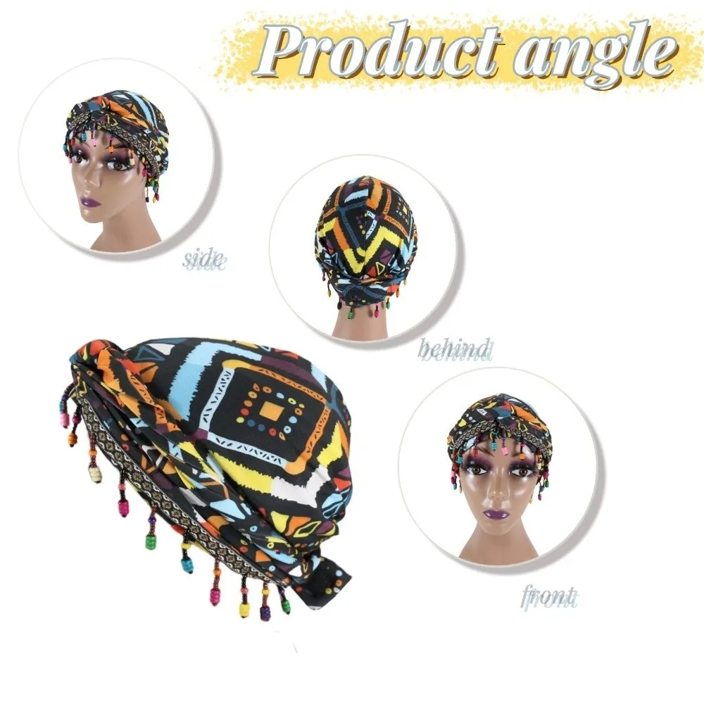 foulard élastique coloré perlé, hijab respirant, turban de queue imprimé, style indien hip hop, pré cravate, enveloppes de tête pour l'extérieur
