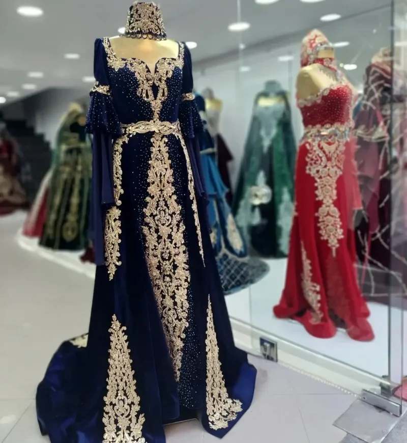 Caftan marocain bleu Caftan robes de soirée musulmanes a-ligne manches longues Appliques dubaï arabe Abaya robe islamique personnalisée Caftan marocain bleu Caftan robes de soirée musulmanes a-ligne manches longues Appliques dubaï arabe Abaya robe islamique personnalisée