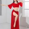 costume de danse du ventre scintillant, tenue de spectacle sur scène de danseuse orientale, haut en gaze à manches longues, jupe fendue sur le côté, spectacle en studio rouge