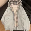 Sweats à capuche à carreaux vintage avec poches pour femmes, sweats à capuche en velours doux, températeur assressenti, haute qualité, étudiants, Ulzzang, unisexe, nouveau