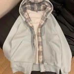 Sweats à capuche à carreaux vintage avec poches pour femmes, sweats à capuche en velours doux, températeur assressenti, haute qualité, étudiants, Ulzzang, unisexe, nouveau