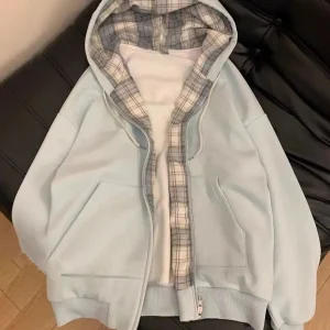 Sweats à capuche à carreaux vintage avec poches pour femmes, sweats à capuche en velours doux, températeur assressenti, haute qualité, étudiants, Ulzzang, unisexe, nouveau