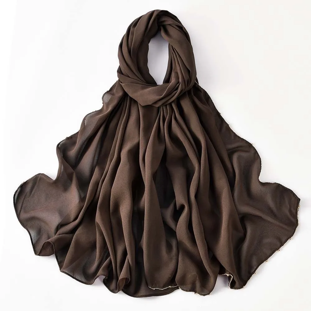 Mode élastique coloré perlé foulard respirant Hijab imprimé queue Turban Style indien couleur unie en mousseline de soie grand châle hommes