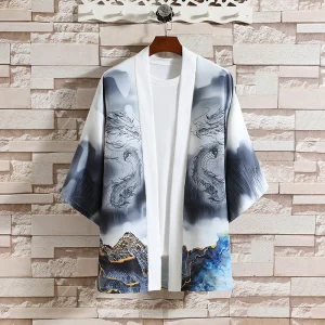 Kimono japonais imprimé dragon pour hommes et femmes, cardigan Harajuku, chemise traditionnelle Haori