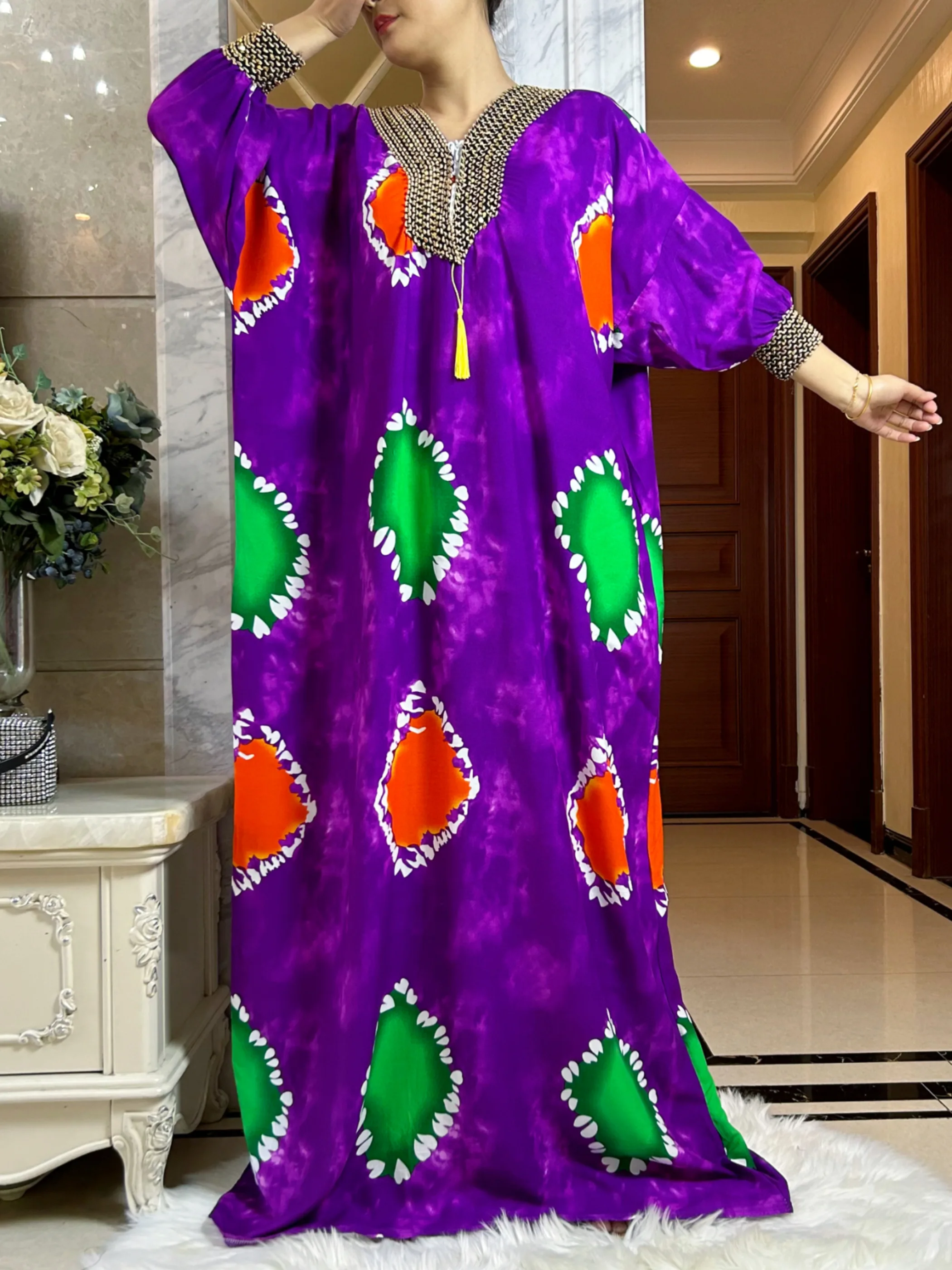 Abayas Musulmanes pour Femme, Ensembles de Mode Ramadan, Boubou en Coton Imprimé Floral, Robe Femme avec Écharpe Surdimensionnée 2025x210 cm, 150