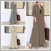 abayas robe longue en coton et lin pour femme musulmane, chemise décontractée simple, revers de document solide, manches longues, poche, 2025