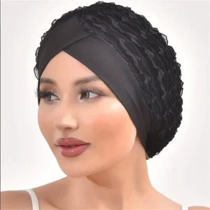 Mode femmes à volants dentelle Turban casquette élastique islamique femme couleur unie bandeau musulman foulard dame Beanie casquettes