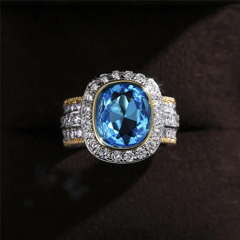 Bagues magnifiques couleur argent pour femmes, grande pierre bleu ciel, Design bicolore, bijoux nobles, cadeau d'anniversaire
