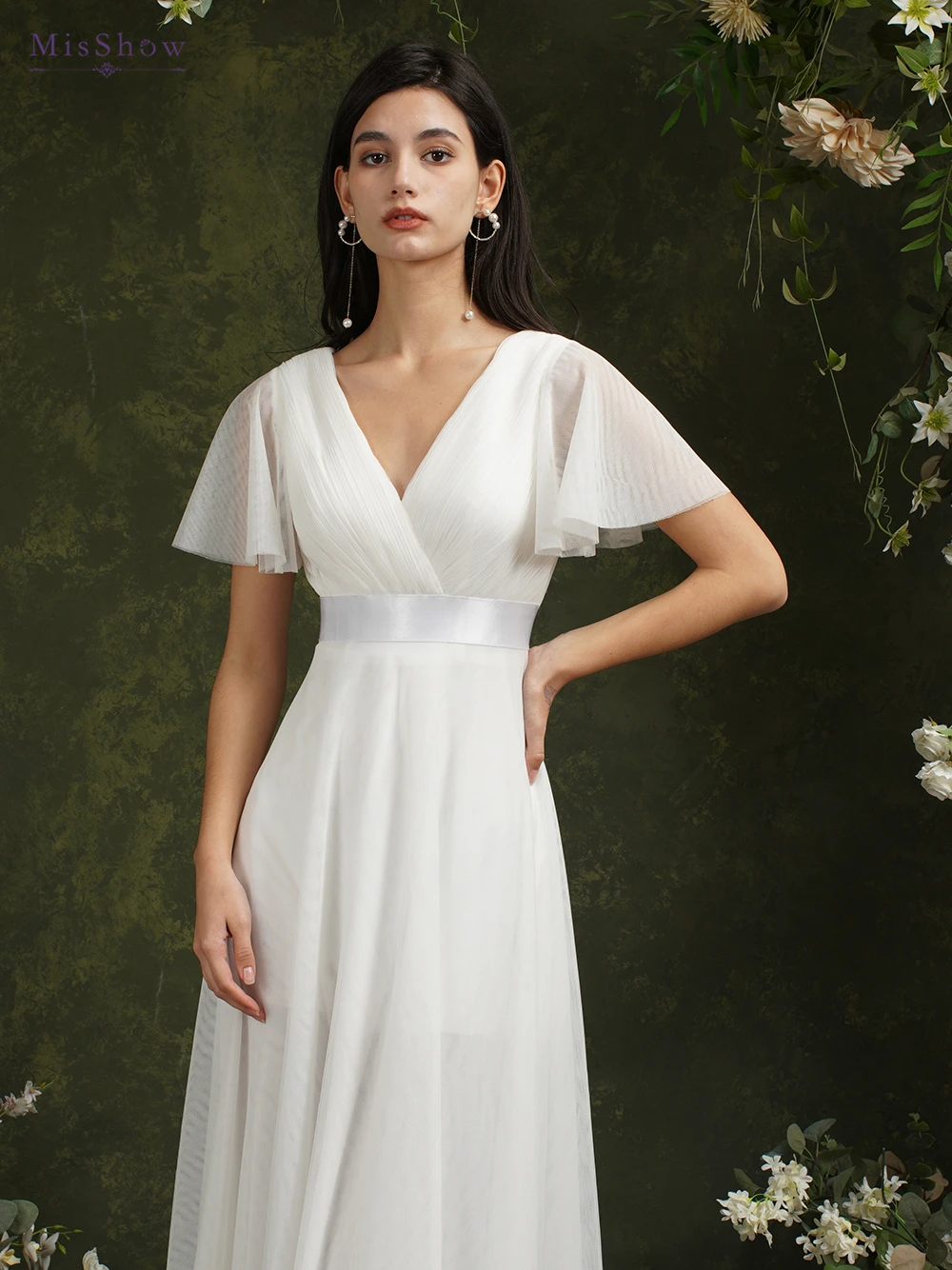 robe de mariée ivoire à manches courtes pour femme, ligne a, col en v, plissé, tulle, dos ouvert, bal de promo, tout ce qui est avec ceinture