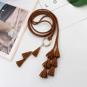 Ceinture à pampilles tressée de couleur unie pour filles, style Boho, corde fine en tricot pour robe, accessoires, tendance 2024