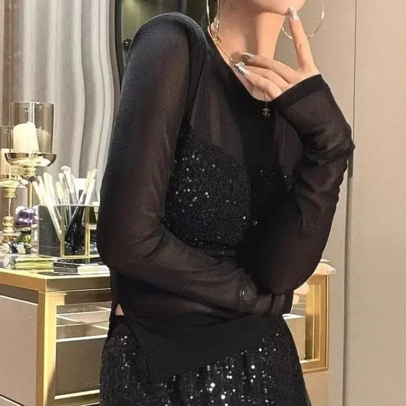 T-shirt à manches longues à paillettes pour femmes, haut en biscuits, paillettes féminines, manches sexy, vêtements de co-avantages, mode Y2k, Corée Emo Semi