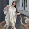 Cape Poncho à capuche en Crochet, châle Boho Chic à franges pour femmes, vêtements d&rsquo;extérieur polyvalents printemps-automne