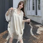Cape Poncho à capuche en Crochet, châle Boho Chic à franges pour femmes, vêtements d&rsquo;extérieur polyvalents printemps-automne