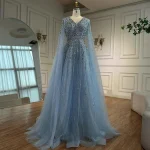 Luxe saoudien arabe bleu perlé une ligne robe formelle avec manches Cape Serene Hill 2025 LA72968 personnalisé
