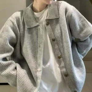 Veste Cardigan décontractée tricotée pour femme, haut ample, rétro, polyvalent, paresseux, pull à revers, nouvelle collection automne et hiver