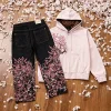 Y2K deux pièces Harajuku Vintage fleur de cerisier lisière broderie sweat à capuche surdimensionné Goth hommes femmes pantalon à jambes larges ensemble streetwear